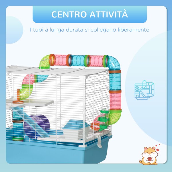 PawHut Gabbia per Criceti a 3 Livelli con Tubi, Casetta, Serbatoio dell'Acqua e Ruota, 59x36x47 cm|Aosom