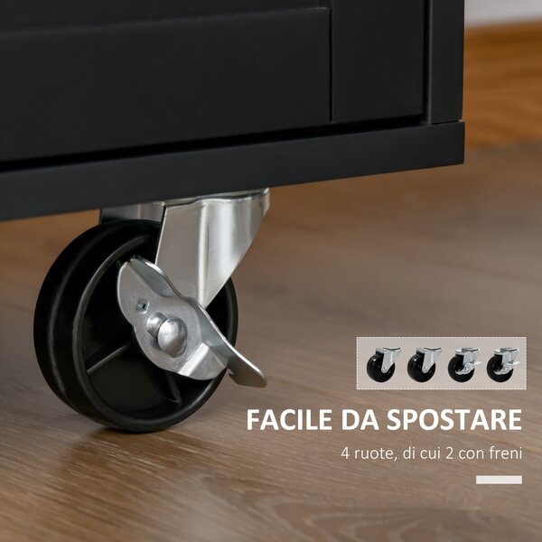 HOMCOM Carrello da Cucina con Cassetto, Portaspezie e Armadietto, 4 Ruote e Piano di Lavoro in Legno, 109x40x89cm, Nero|Aosom