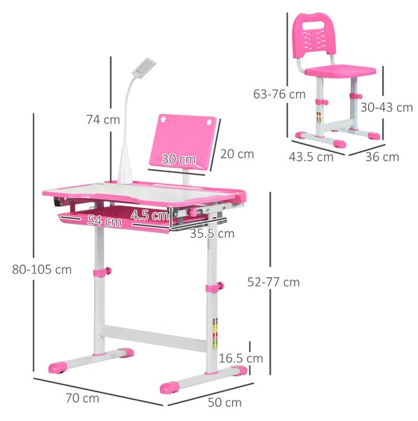 HOMCOM Banco Scuola con Sedia per Bambini 6-12 Anni con Altezza Regolabile, Piano Inclinabile a 45° e Lampada LED, in Acciaio e MDF, Rosa|Aosom