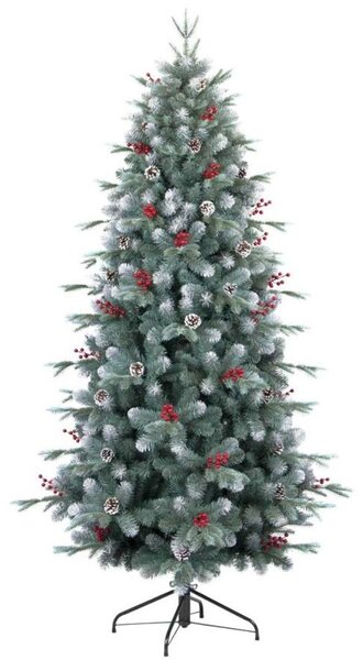 Albero di Natale Artificiale realizzato in PVC alto 240cm con 1230 rami addobbato con punte innevate e bacche