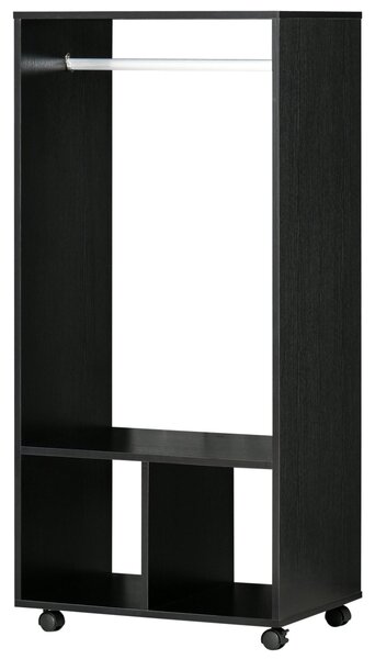 Mobile Appendiabiti con Barra 2 Ripiani Aperti e Ruote 60x40x128 cm Nero