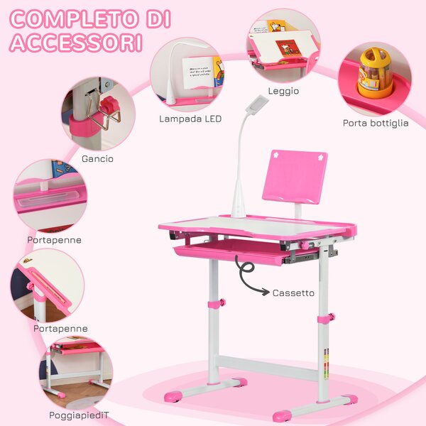 HOMCOM Banco Scuola con Sedia per Bambini 6-12 Anni con Altezza Regolabile, Piano Inclinabile a 45° e Lampada LED, in Acciaio e MDF, Rosa|Aosom