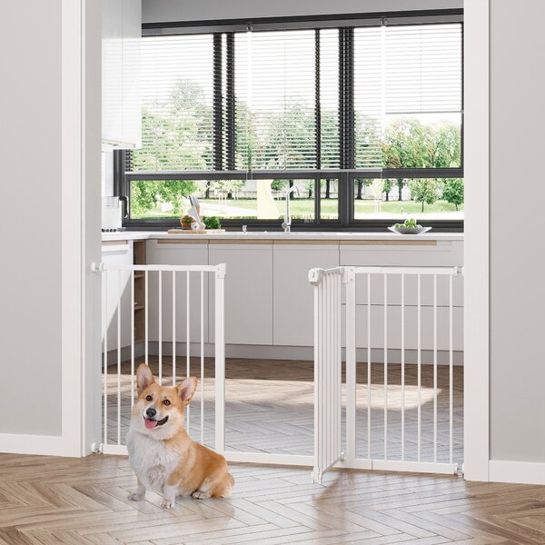 Cancelletto di Sicurezza per Animali Domestici 3 Estensioni Regolabile 74-148cm Chiusura Automatica Bianco