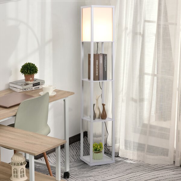 HOMCOM Lampada da Terra con 3 Mensole Integrate, Attacco E27 Potenza 40W, Arredamento Moderno in MDF, 26x26x160cm, Bianco|Aosom