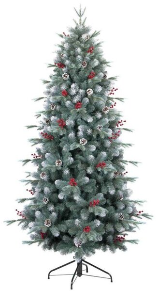 Albero di Natale Artificiale realizzato in PVC alto 240cm con 1230 rami addobbato con punte innevate e bacche