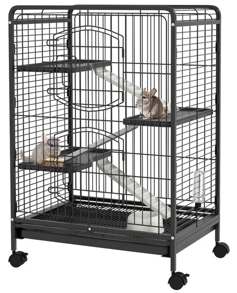 PawHut Gabbia per Piccoli Animali e Piccoli Roditori con Ruote, 3 Rampe e 3 Piattaforme, Ciotola e Bottiglia, 64x43.5x93cm, Nero|Aosom