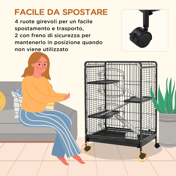 PawHut Gabbia per Piccoli Animali e Piccoli Roditori con Ruote, 3 Rampe e 3 Piattaforme, Ciotola e Bottiglia, 64x43.5x93cm, Nero|Aosom