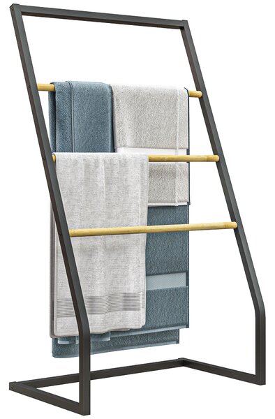 Piantana Portasciugamani da Bagno da Terra 4 Sbarre 60x35x102 cm in Bambù e Acciaio Nero