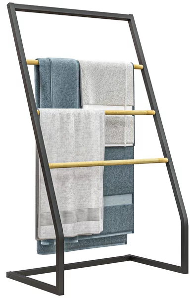 Piantana Portasciugamani da Bagno da Terra 4 Sbarre 60x35x102 cm in Bambù e Acciaio Nero
