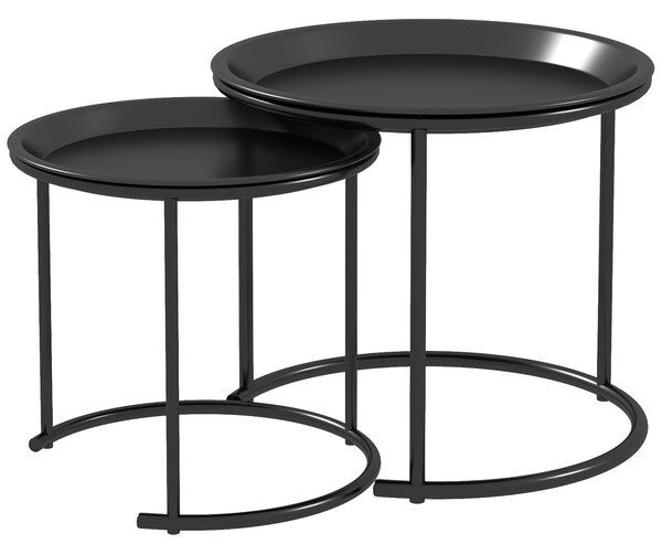 Set 2 Tavolini da Salotto Rotondi Sovrapponibili con Vassoio rimuovibile Nero