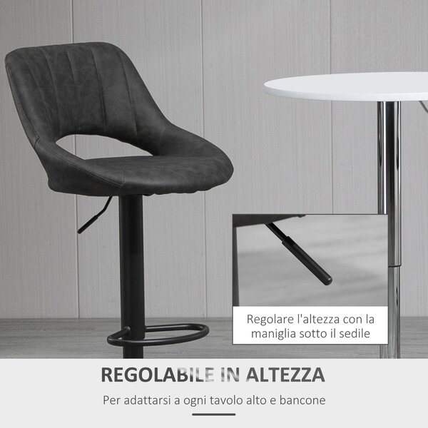 HOMCOM Set di 2 sgabelli alti da Bar con Altezza Regolabile e Poggiapiedi, in Similpelle e Metallo, 44x49x90-110cm Grigio | Aosom Italy