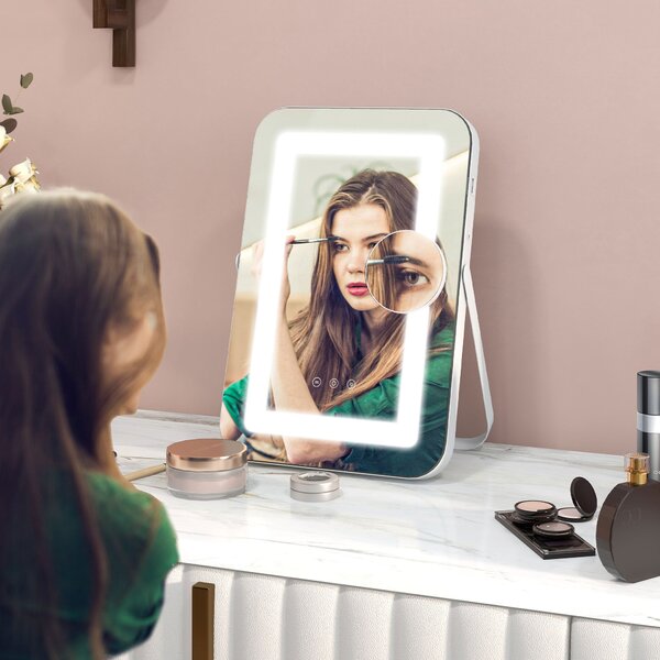 Specchio Trucco Make Up da Tavolo Luci Regolabili 3 Colori USB 31x41,5x3 cm Bianco