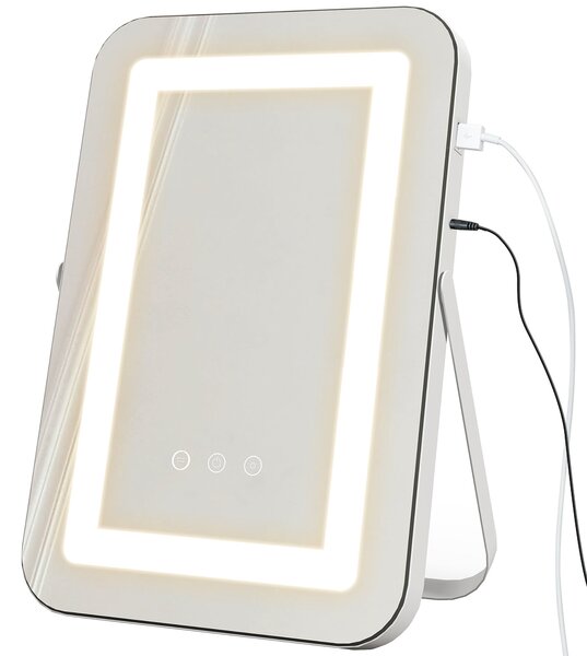 Specchio Trucco Make Up da Tavolo Luci Regolabili 3 Colori USB 31x41,5x3 cm Bianco