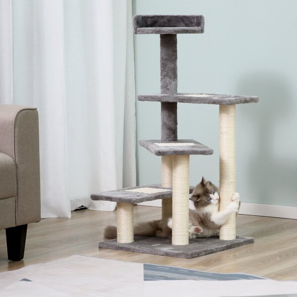 Albero Tiragraffi per Gatti 48,5x 48,5x100 cm con Lettino Pali in Sisal Rivestimento in Peluche Grigio