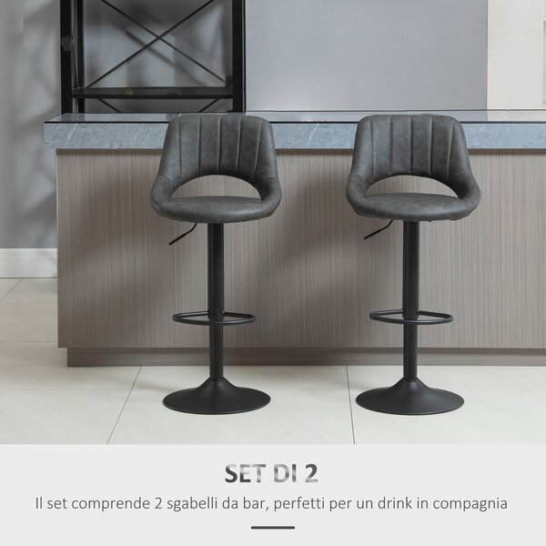 HOMCOM Set di 2 sgabelli alti da Bar con Altezza Regolabile e Poggiapiedi, in Similpelle e Metallo, 44x49x90-110cm Grigio | Aosom Italy
