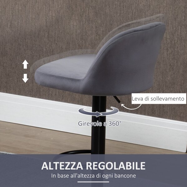 HOMCOM Set 2 Sgabelli da cucina con Schienale e Poggiapiedi, Girevoli con Altezza Regolabile, imbottitura e rivestimento velluto Grigio |Aosom Italy