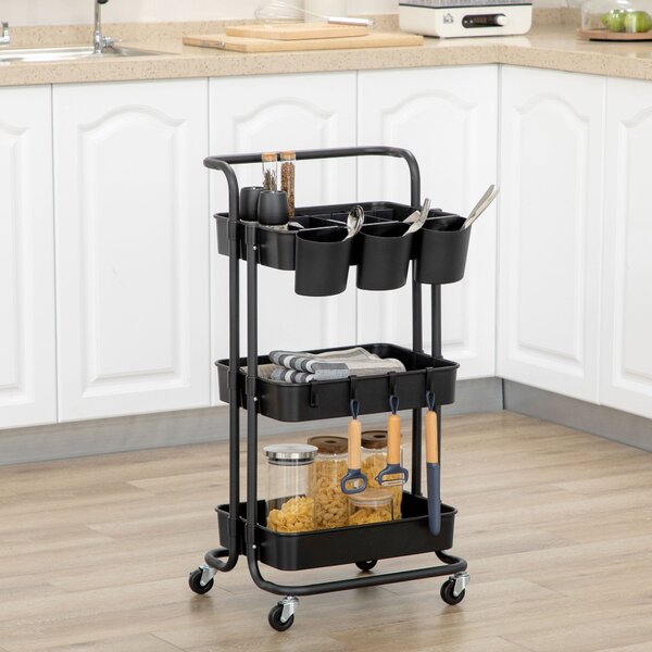 Carrello da Cucina Multiuso 3 Livelli con Accessori Nero
