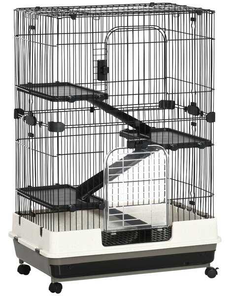 PawHut Gabbia a 3 Piani in Metallo con Vassoio per Roditori, Conigli e Furetti con 4 Ruote, 81.2x52.7x110 cm, Nera|Aosom