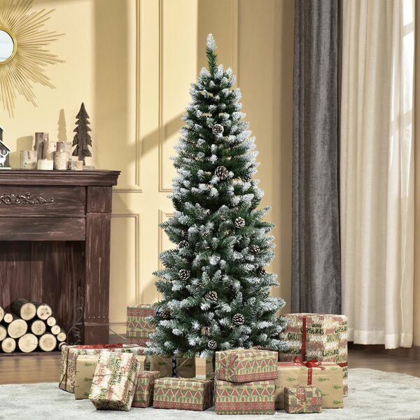Albero di Natale Artificiale Innevato 150 cm 464 Rami e 28 Pigne Verde e Bianco