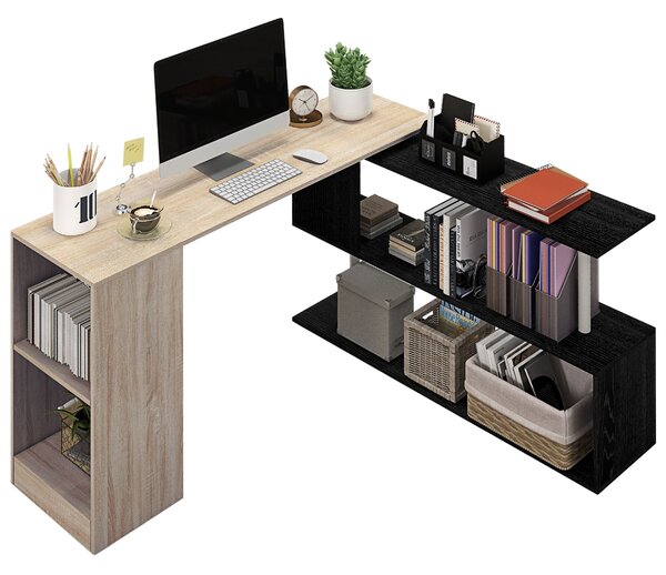 Scrivania Angolare da Ufficio 140x120x78 cm con Cassetti e Scaffale Girevole color Legno