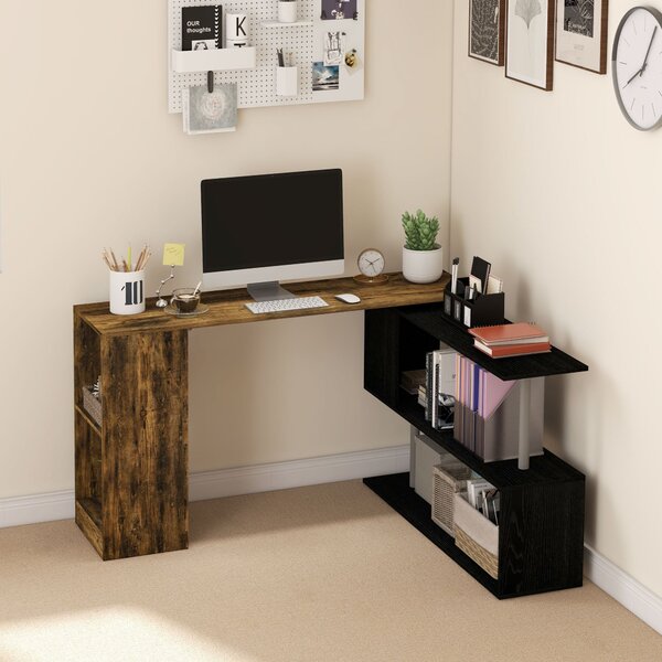 Scrivania Angolare da Ufficio 140x120x78 cm con Cassetti e Scaffale Girevole Marrone e Nero