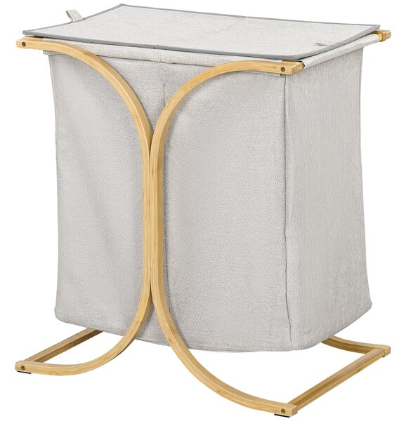 Cesto Portabiancheria 2 Sezioni con Coperchio 55x40x62 cm in Bambù e Poliestere Grigio