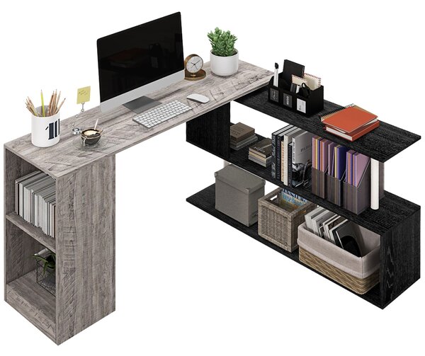 Scrivania Angolare da Ufficio 140x120x78 cm con Cassetti e Scaffale Girevole Grigio effetto Legno