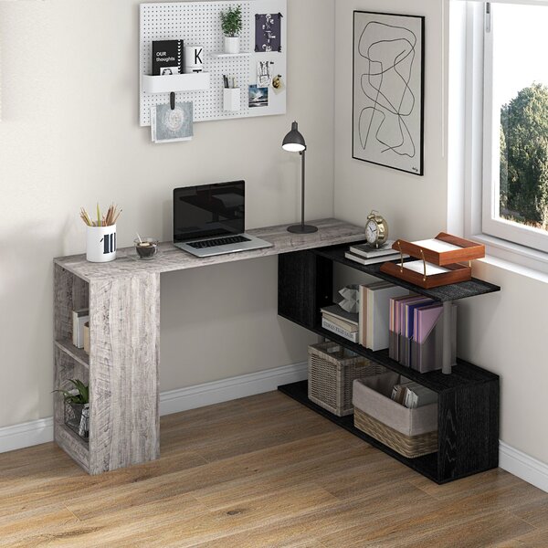 Scrivania Angolare da Ufficio 140x120x78 cm con Cassetti e Scaffale Girevole Grigio effetto Legno