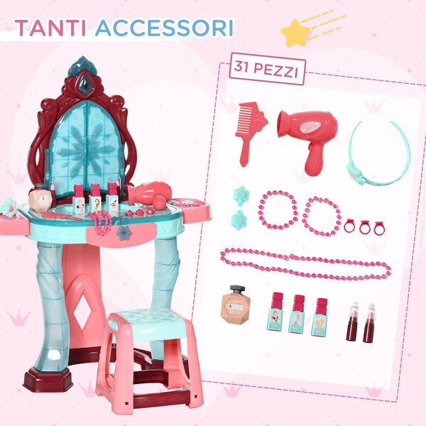 HOMCOM Set Toeletta con Sgabello per Bambini da 3-6 Anni con Luci, Musica e Accessori|Aosom