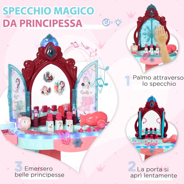 HOMCOM Set Toeletta con Sgabello per Bambini da 3-6 Anni con Luci, Musica e Accessori|Aosom