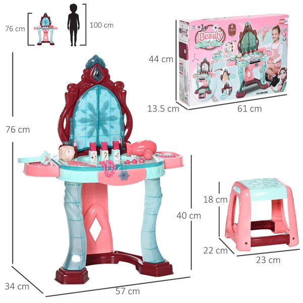 HOMCOM Set Toeletta con Sgabello per Bambini da 3-6 Anni con Luci, Musica e Accessori|Aosom