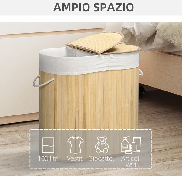 HOMCOM Cesto Portabiancheria in Bambù a 2 Sezioni, 2 Coperchi e Capacità 100L con Sacca Interna Removibile, 62.5x37x60.5 cm, Bianco e Color Legno