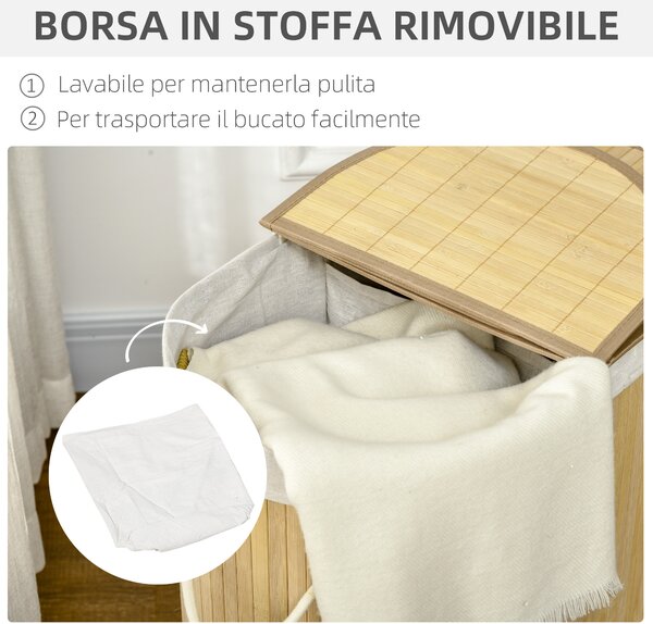 HOMCOM Cesto Portabiancheria in Bambù a 2 Sezioni, 2 Coperchi e Capacità 100L con Sacca Interna Removibile, 62.5x37x60.5 cm, Bianco e Color Legno