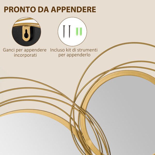 HOMCOM Decorazione Murale 3D in Metallo, Wall Art a Cerchi con Specchi 107x56cm, Oro|Aosom