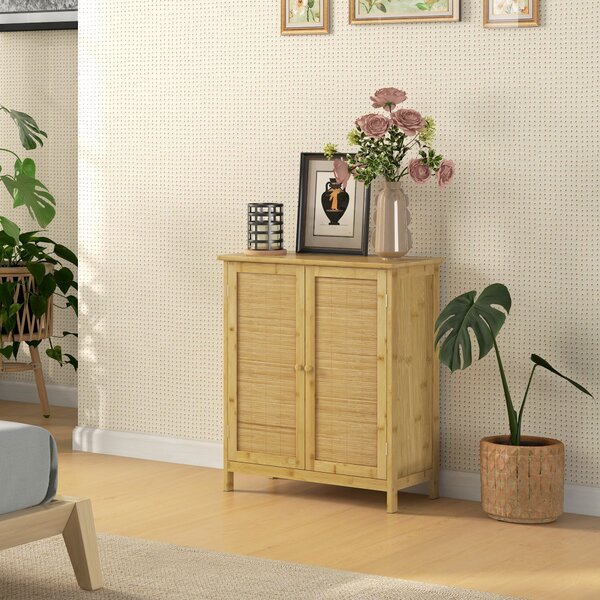 Credenza Mobile Soggiorno in Stile Boho 2 Ante in Rattan e Bambù 60x27x67,5 cm