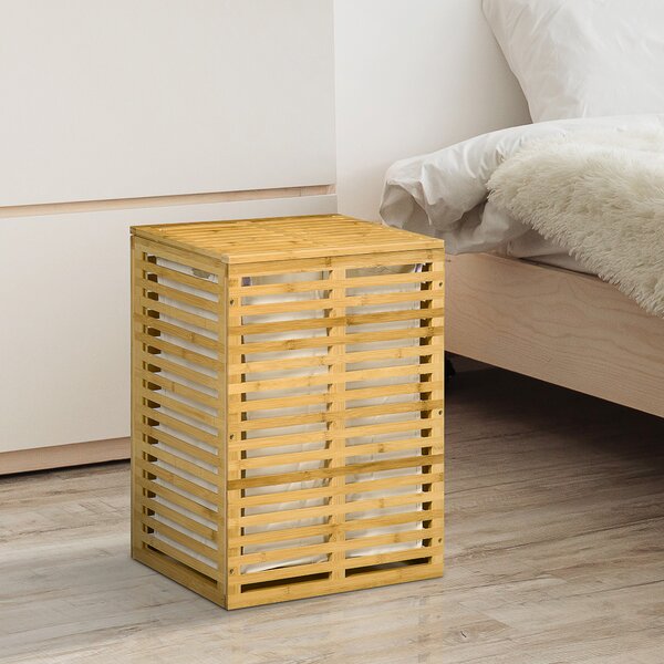 HOMCOM Cesto Portabiancheria In Bambù Con Coperchio – 100L, 2 Sacchetti Rimovibili, Manici In Corda - 4
