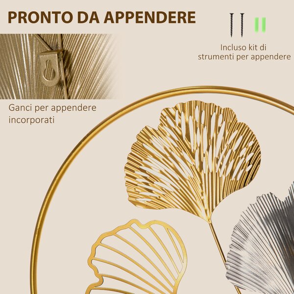 HOMCOM Decorazione Murale 3D in Metallo, Wall Art Dorata con Foglie di Ginkgo in due Cornici Rotonde, 138x70 cm, Oro e Argento|Aosom