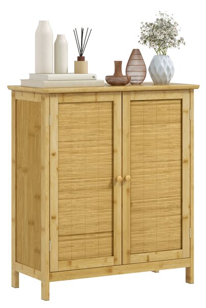 Credenza Mobile Soggiorno in Stile Boho 2 Ante in Rattan e Bambù 60x27x67,5 cm