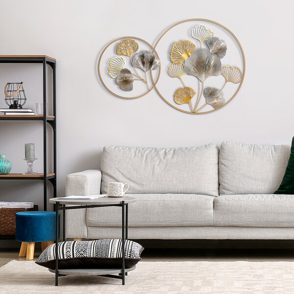HOMCOM Decorazione Murale 3D in Metallo, Wall Art Dorata con Foglie di Ginkgo in due Cornici Rotonde, 138x70 cm, Oro e Argento|Aosom