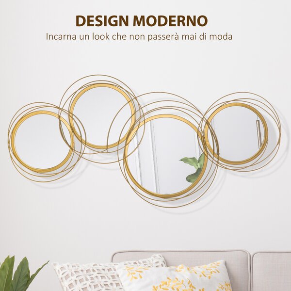 HOMCOM Decorazione Murale 3D in Metallo, Wall Art a Cerchi con Specchi 107x56cm, Oro|Aosom