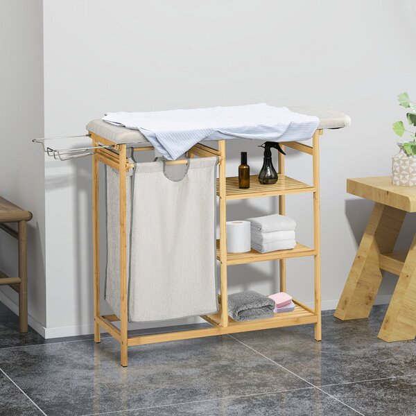 Cesto Portabiancheria con Asse da Stiro e 3 Ripiani in Bambù 113x34x82 cm