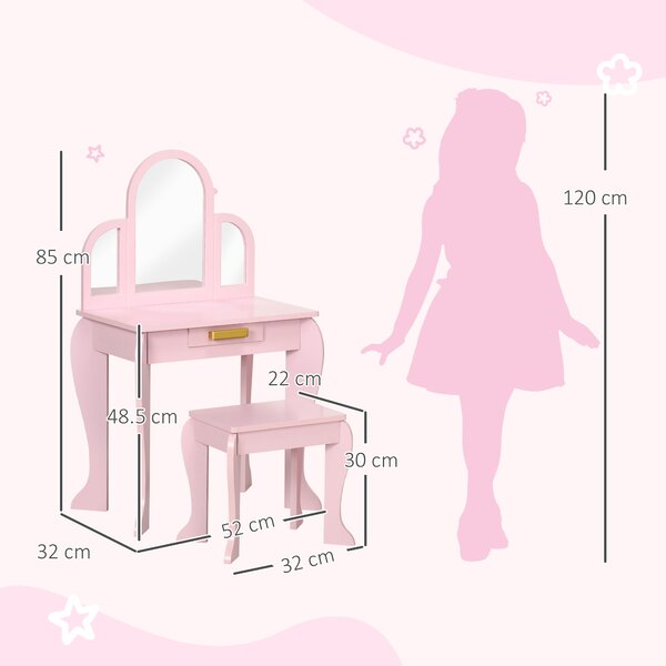 HOMCOM Tavolo per Trucco per Bambine 3-6 Anni con Sgabello, Cassetti e Specchio Coordinato in Acrilico, in MDF e Legno di Pino, Rosa|Aosom