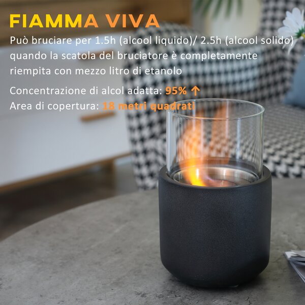 HOMCOM Camino a Bioetanolo con borosilicato rimovibile e Coperchio, da Tavolo con Serbatoio da 0.4L, 12x12x19cm, Grigio Scuro | Aosom Italy