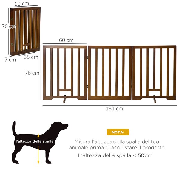 PawHut Cancellino per Cani Pieghevole a 3 Pannelli con Piedini Antiscivolo per Corridoi, Scale e Stanze, in Legno di Pino, 181x35x76cm Marrone | Aosom