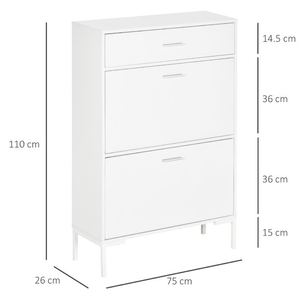 HOMCOM Mobile Scarpiera Moderno per 12 Paia di Scarpe con 2 Ante a Ribalta e Cassetto, in Truciolato, MDF e Metallo, 76x26x110 cm, Bianco|Aosom