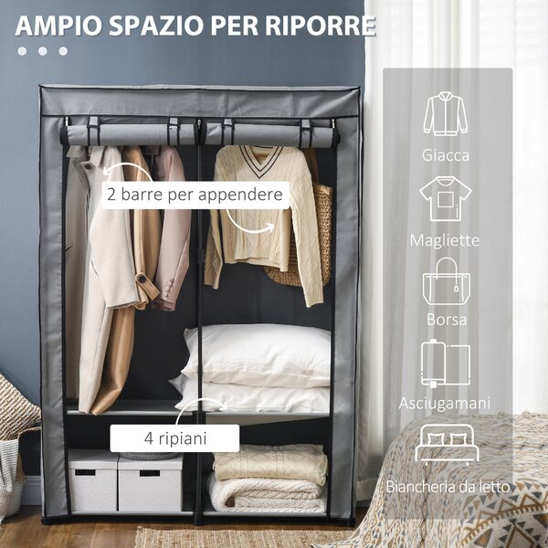 HOMCOM Armadio Guardaroba Portatile in Acciaio, Tessuto non Tessuto e PP, 4 Ripiani Aperti, 2 Appendini, Porta a Cerniera, 118x49x170cm Grigio | Aosom