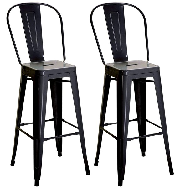 Set 2 Sgabelli da Bar Stile Industriale Schienale Rimovibile 44x49x116 cm in Metallo Nero