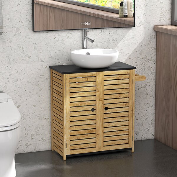 Mobile Sottolavello da Bagno 60,5x30,5x69,5 cm 2 Ante a Doghe Porta Asciugamani e Intaglio a U Legno e Nero