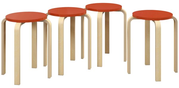 Set 4 Sgabelli Impilabili Rotondi in Legno 40x54 cm Rosso e Legno