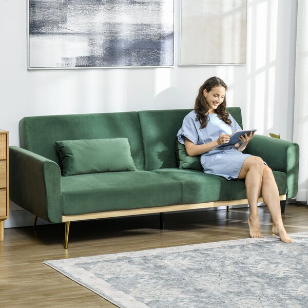 Divano Letto Singolo Clic Clac 206x81x83 cm in Tessuto Effetto Velluto con 2 Cuscini Verde